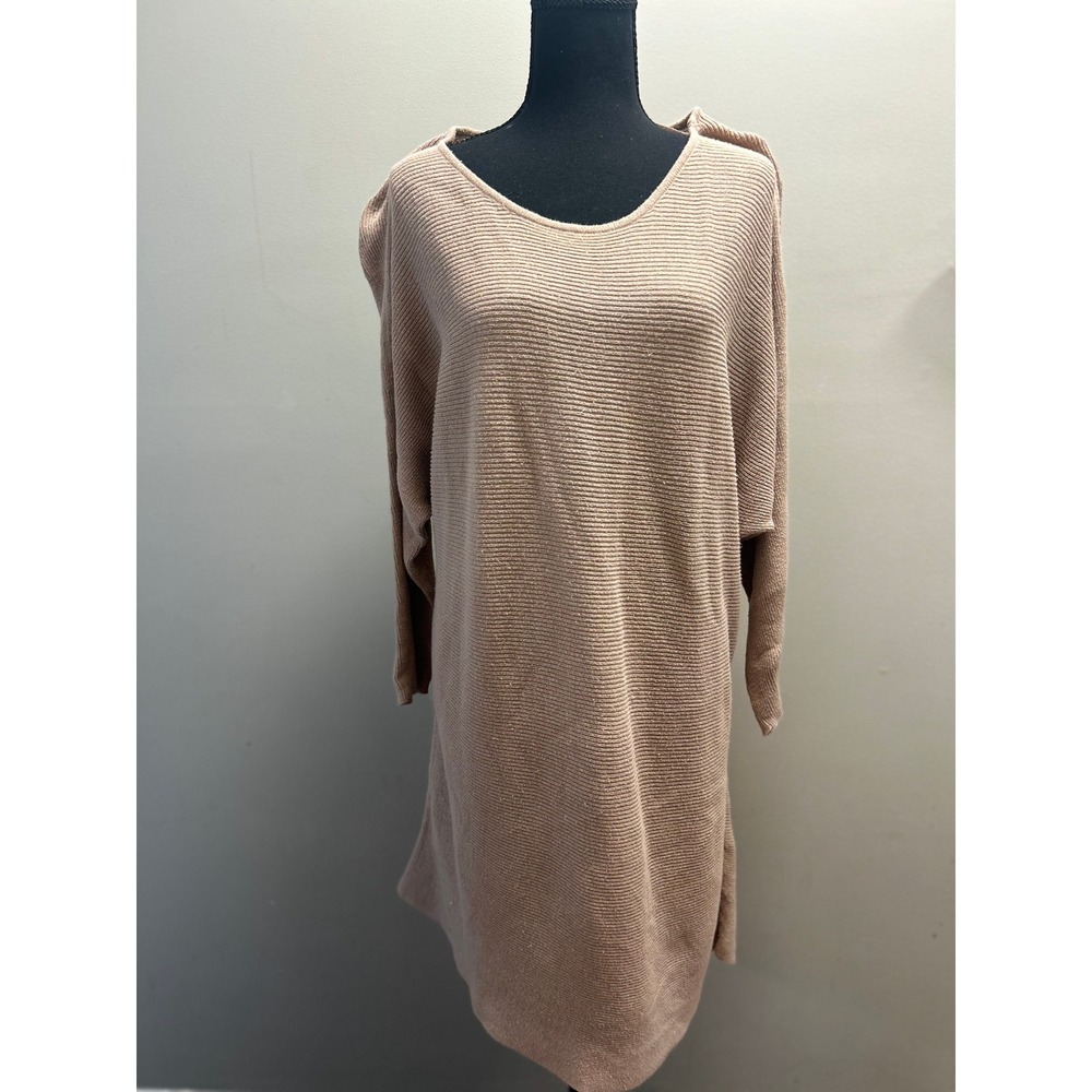Tan Knit Sweater Dress Long Sleeve Casual Relaxed Fit Tunic